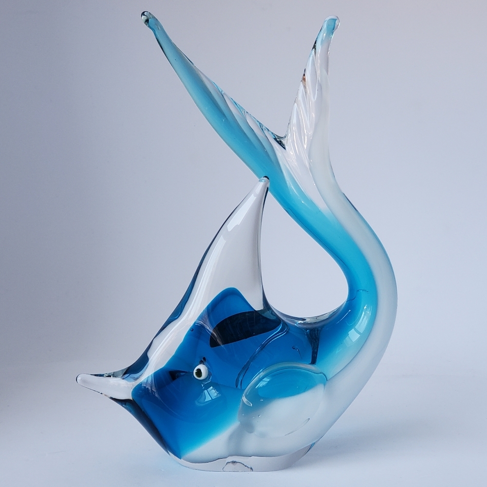 Vintage 7.5” Arte Murano ICET Glass Blue Fish Sculpture Paperweight